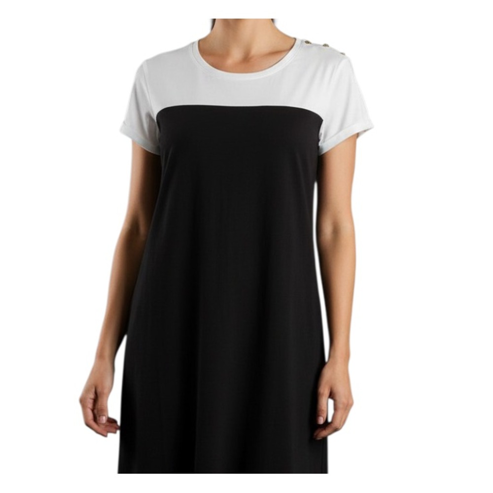 NICOLE MILLER Black & White SLUB KNIT T-SHIRT DRESS Gold Buttons @Shoulders SZ L